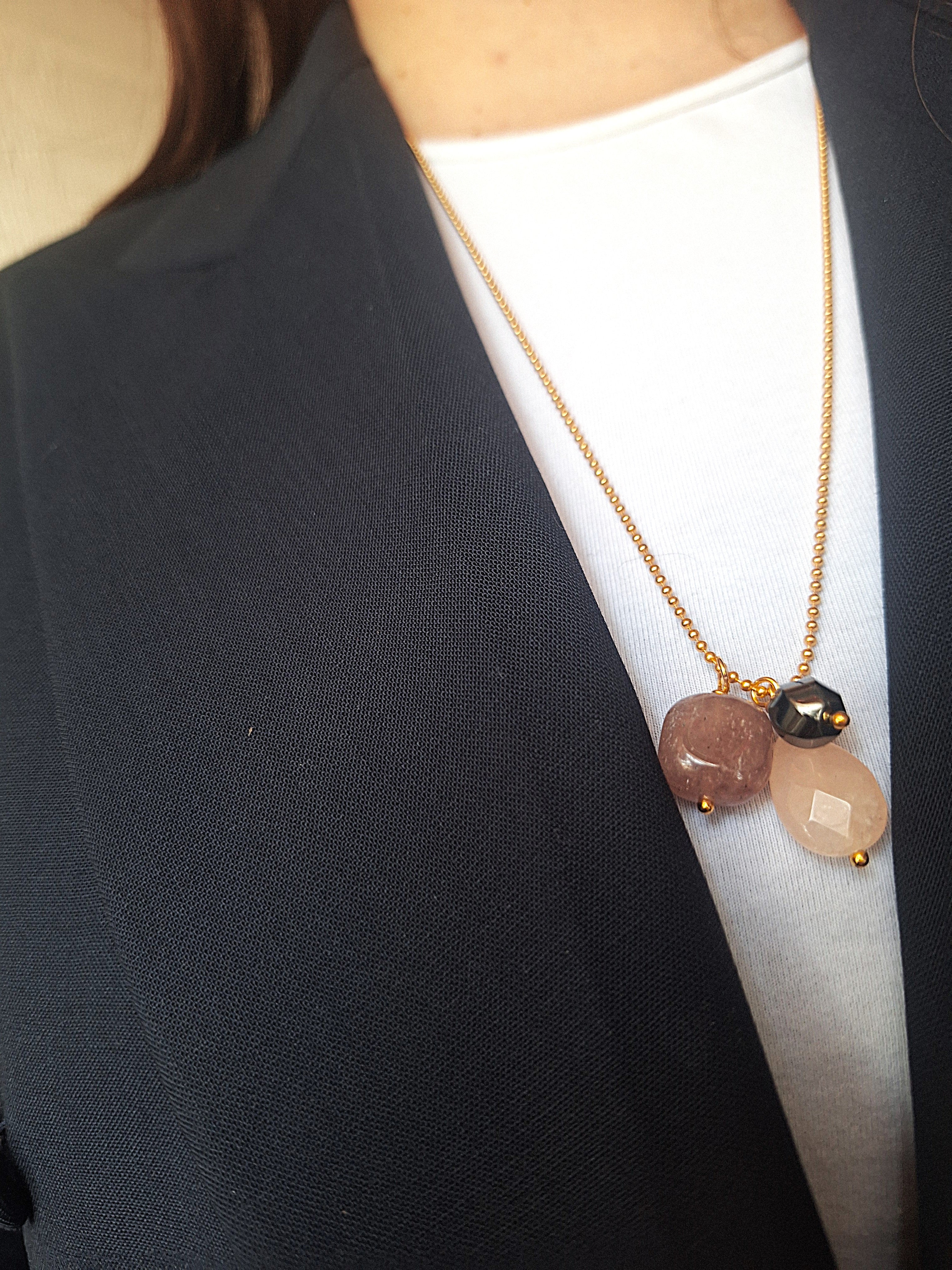 Collana a pallini - quarzo rosa, quarzo ed ematite
