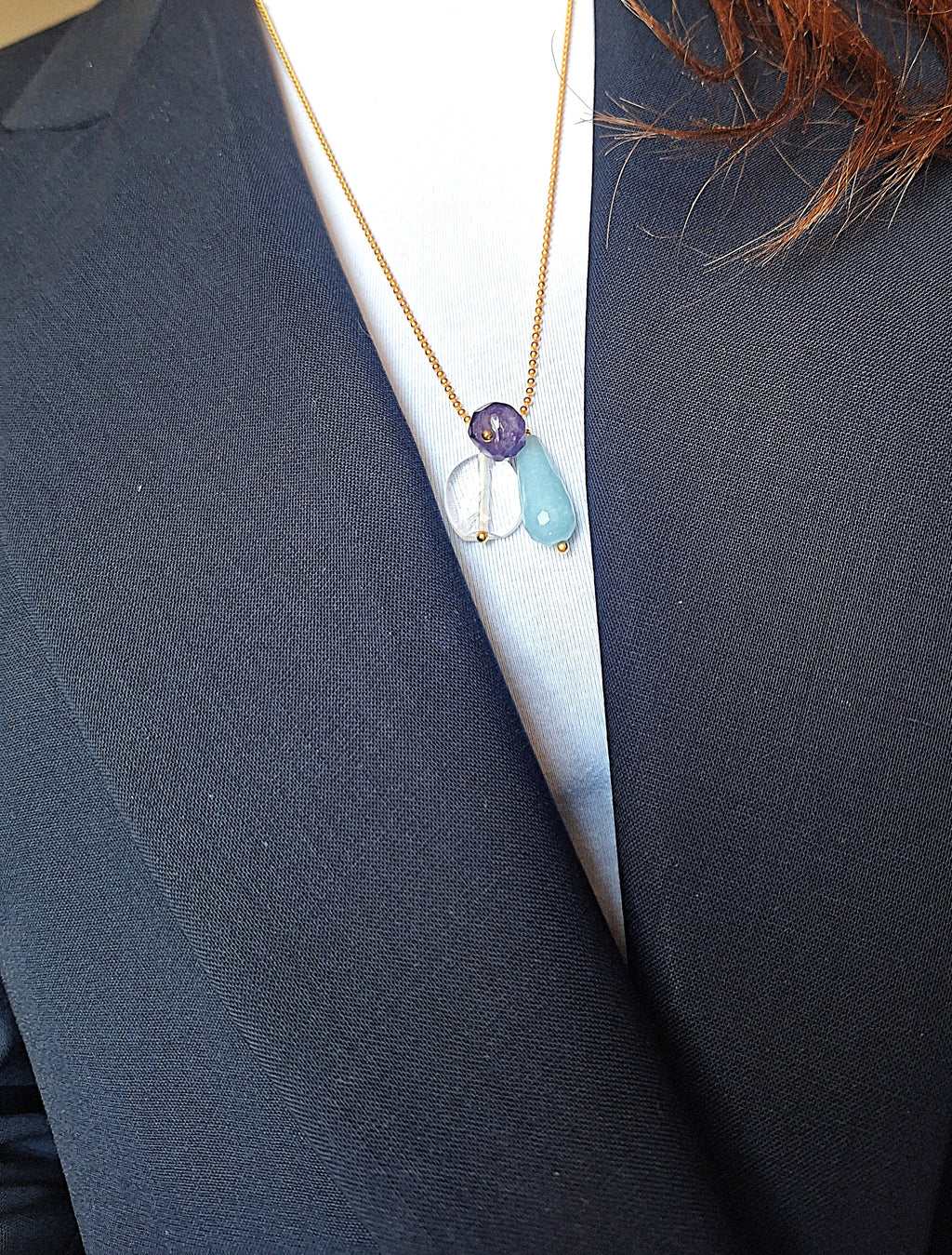 Collana a pallini - ametista, quarzo azzurro e cristallo di rocca