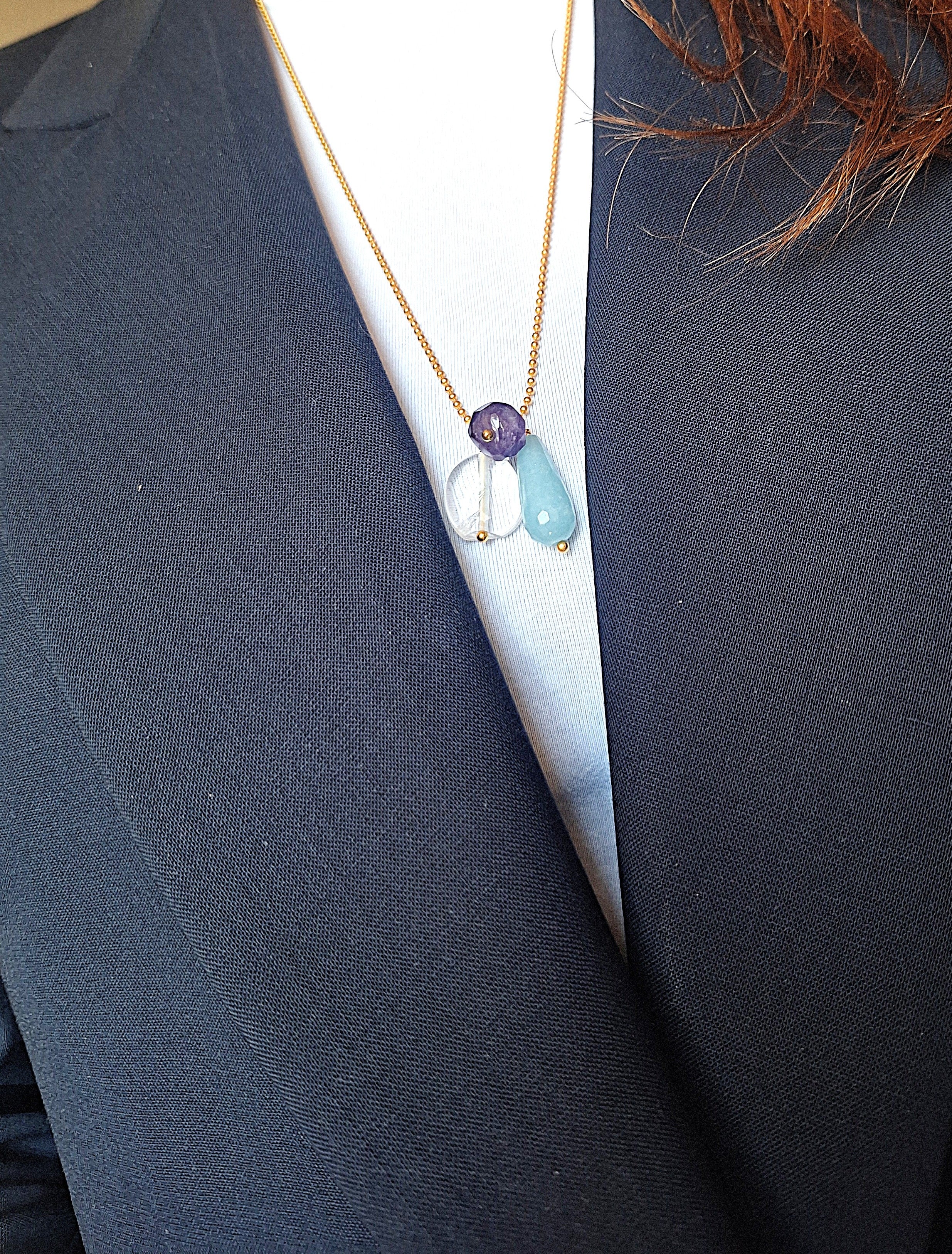 Collana a pallini - ametista, quarzo azzurro e cristallo di rocca