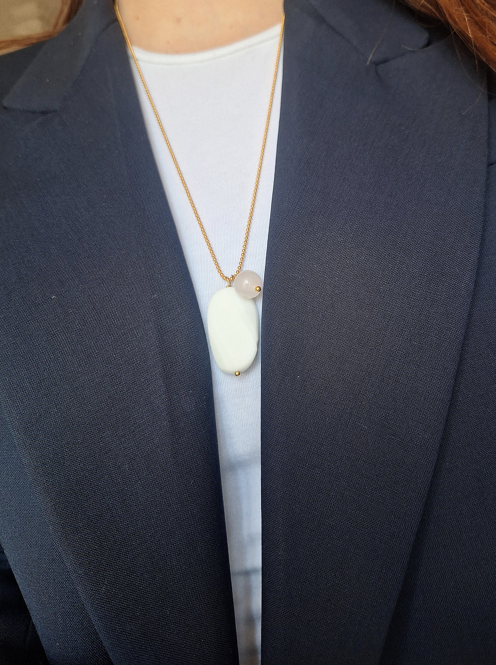 Collana a pallini - agata bianca e quarzo rosa