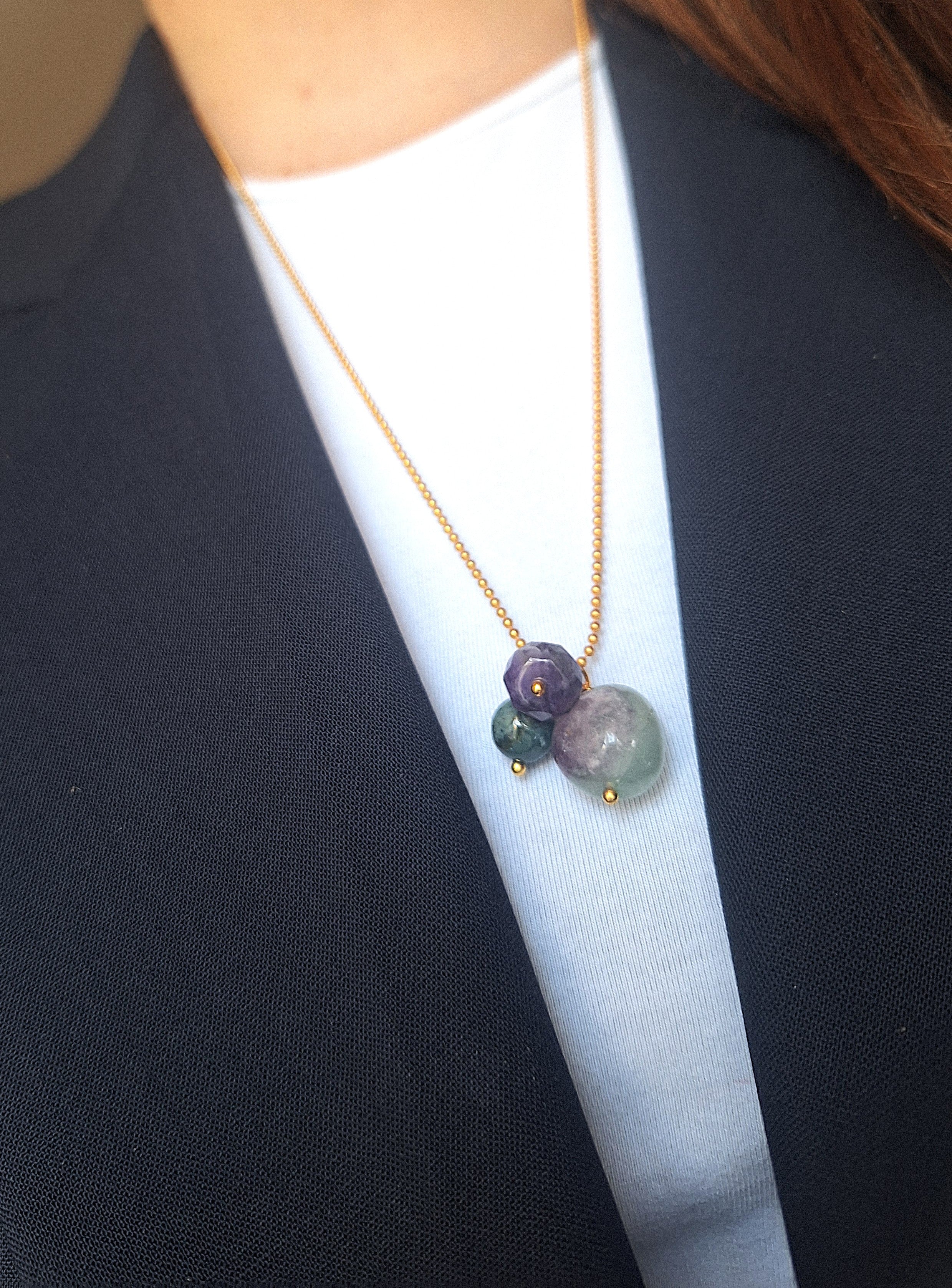 Collana a pallini - fluorite, ametista e agata indiana