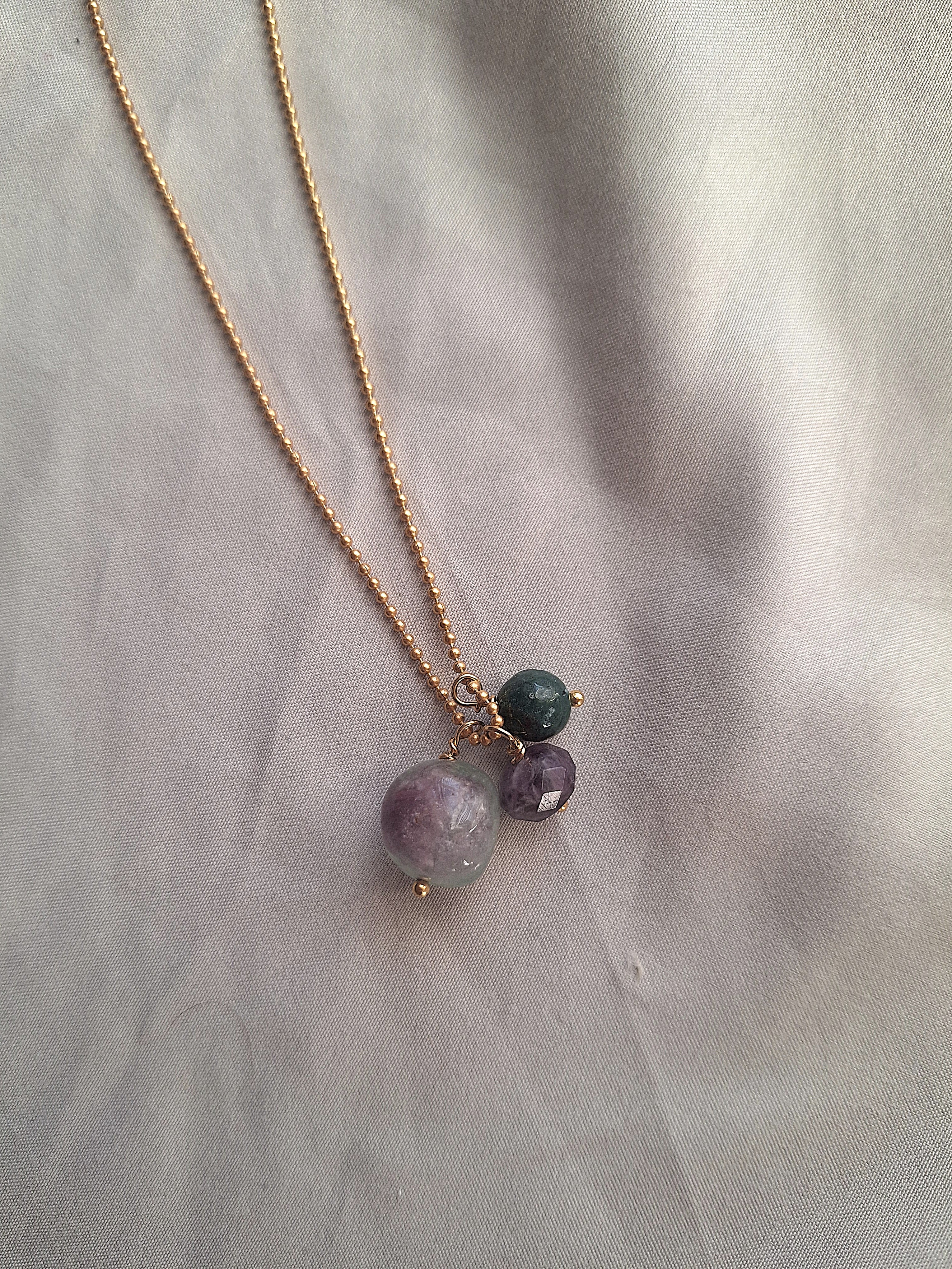 Collana a pallini - fluorite, ametista e agata indiana