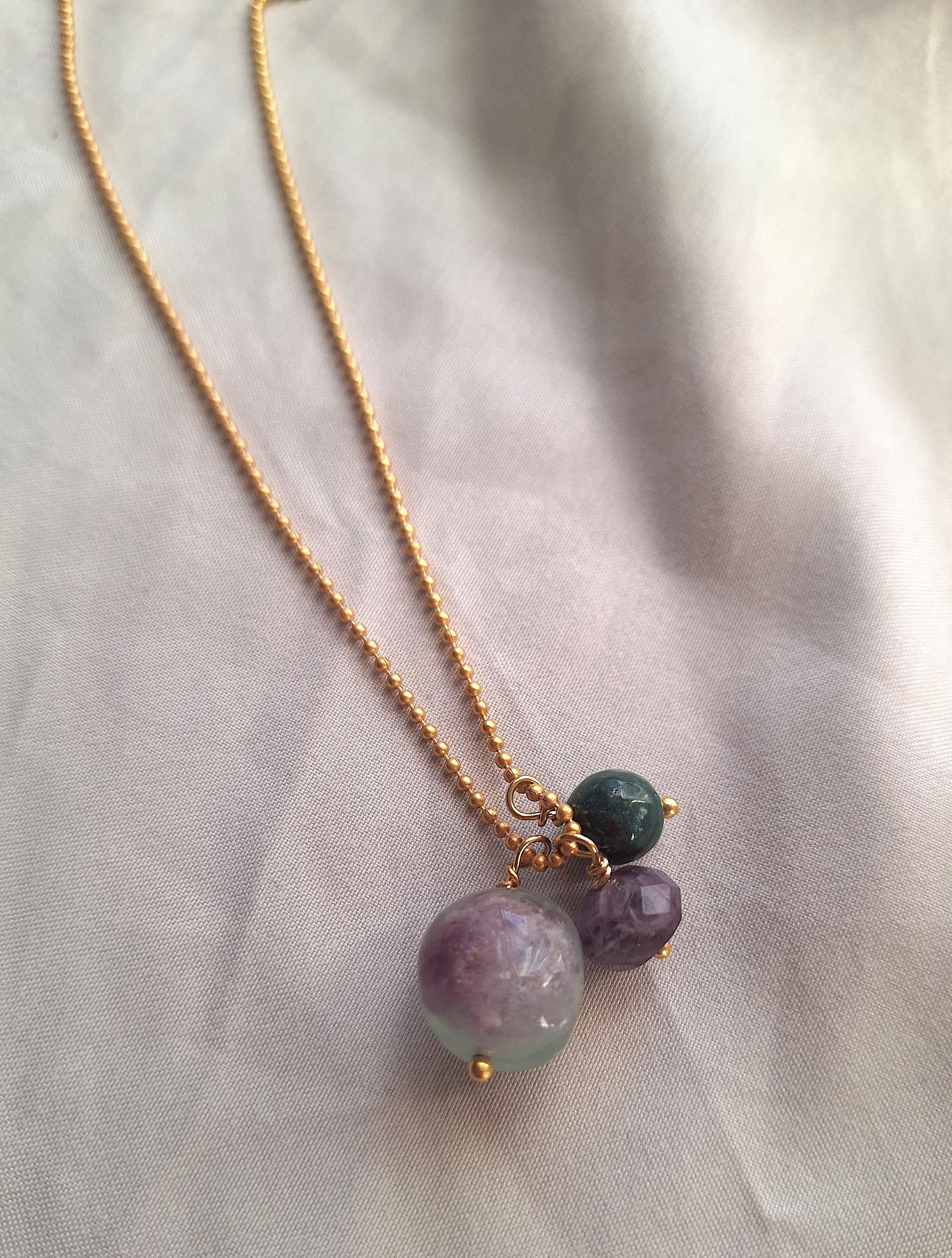 Collana a pallini - fluorite, ametista e agata indiana