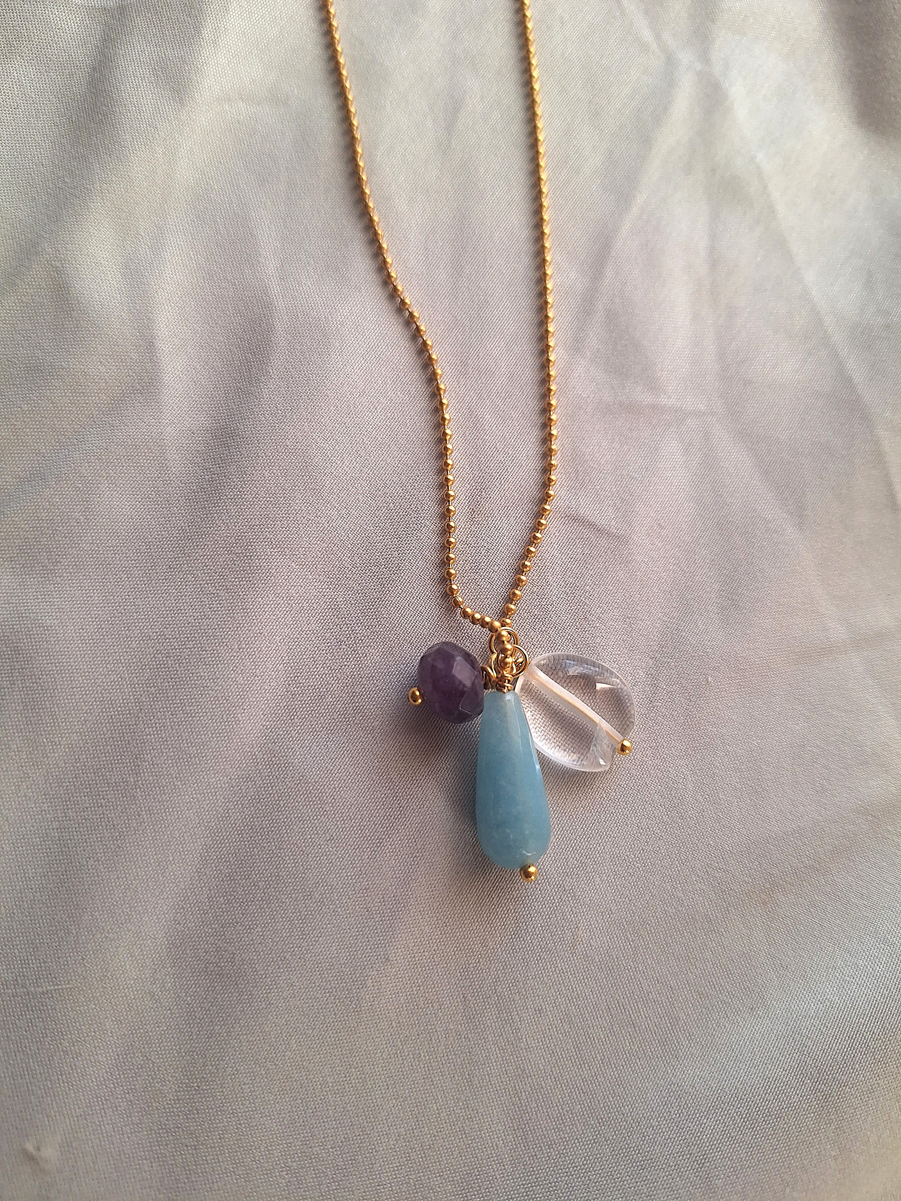 Collana a pallini - ametista, quarzo azzurro e cristallo di rocca