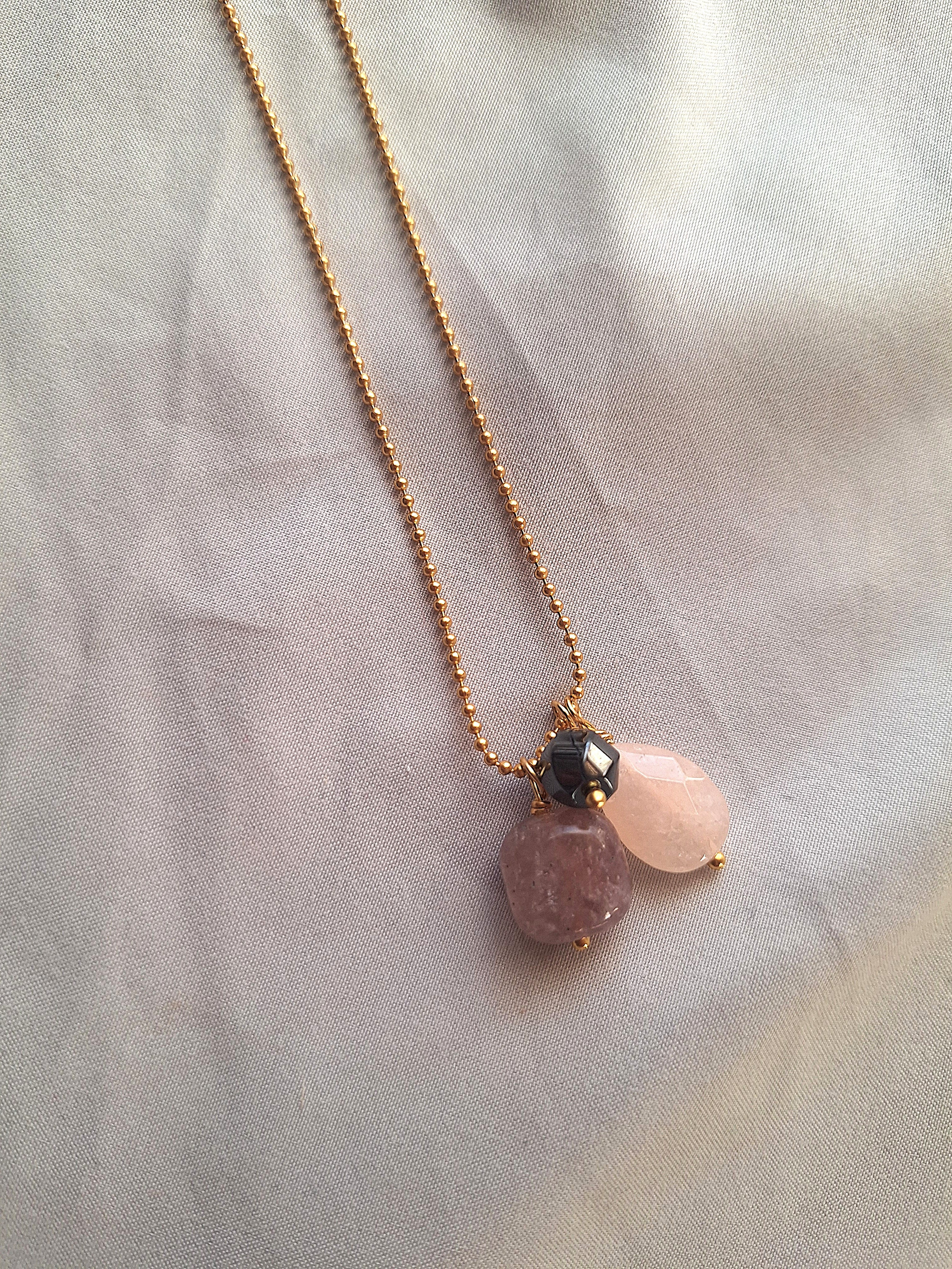 Collana a pallini - quarzo rosa, quarzo ed ematite
