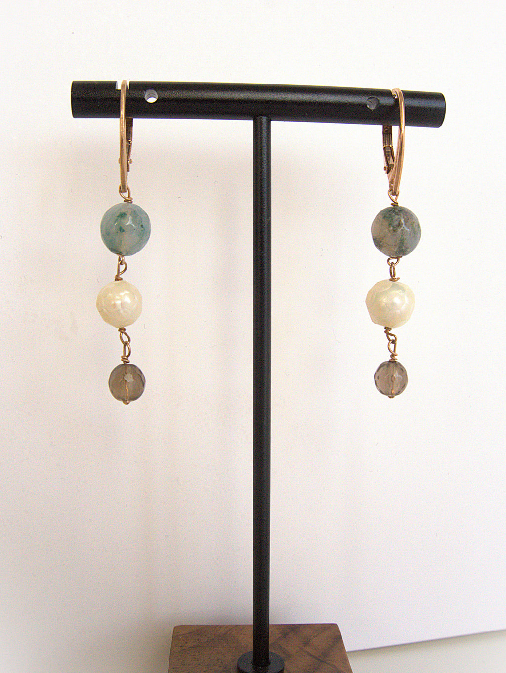 Orecchini rosario - avventurina, perla di fiume e quarzo fumè