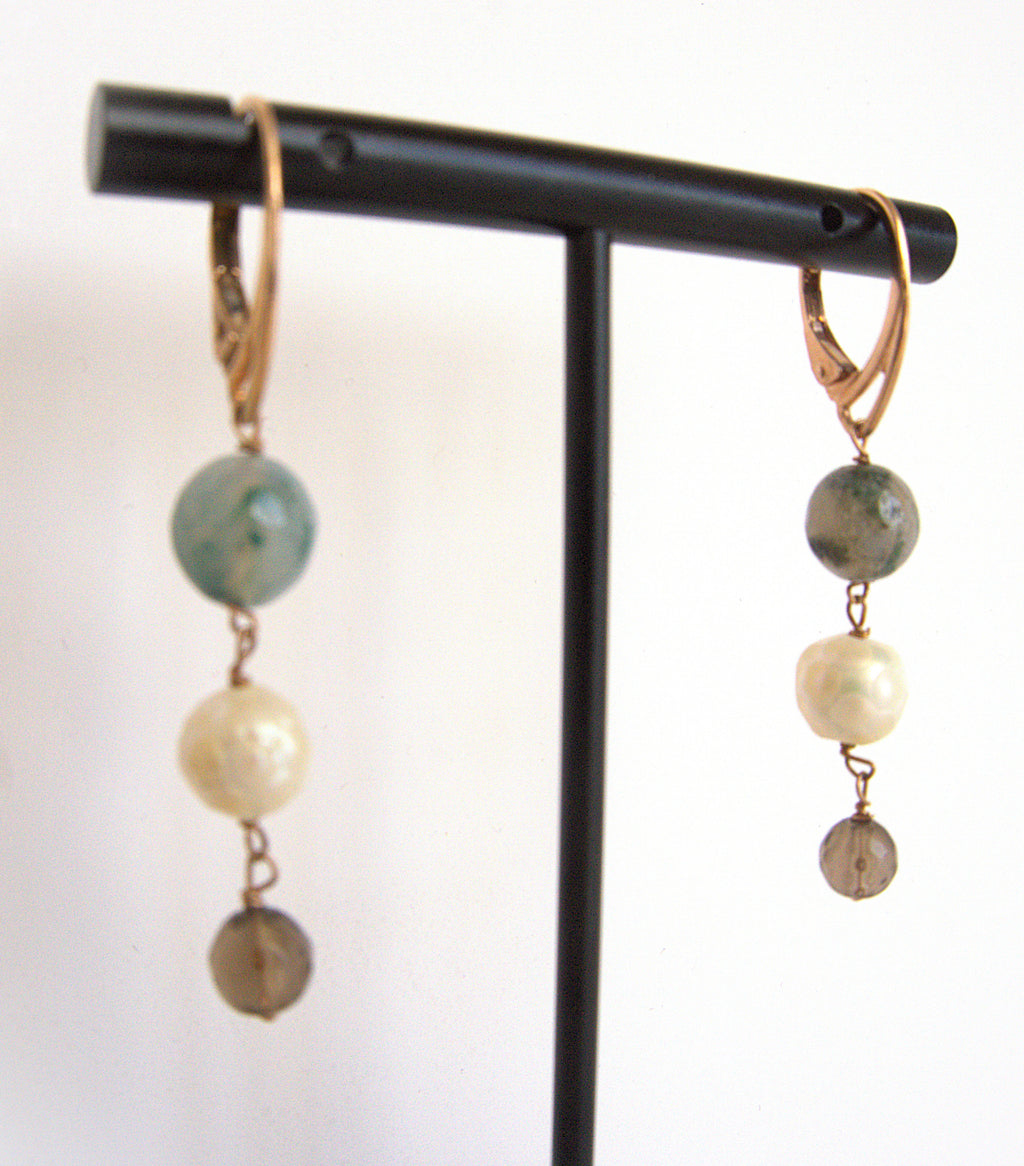 Orecchini rosario - avventurina, perla di fiume e quarzo fumè