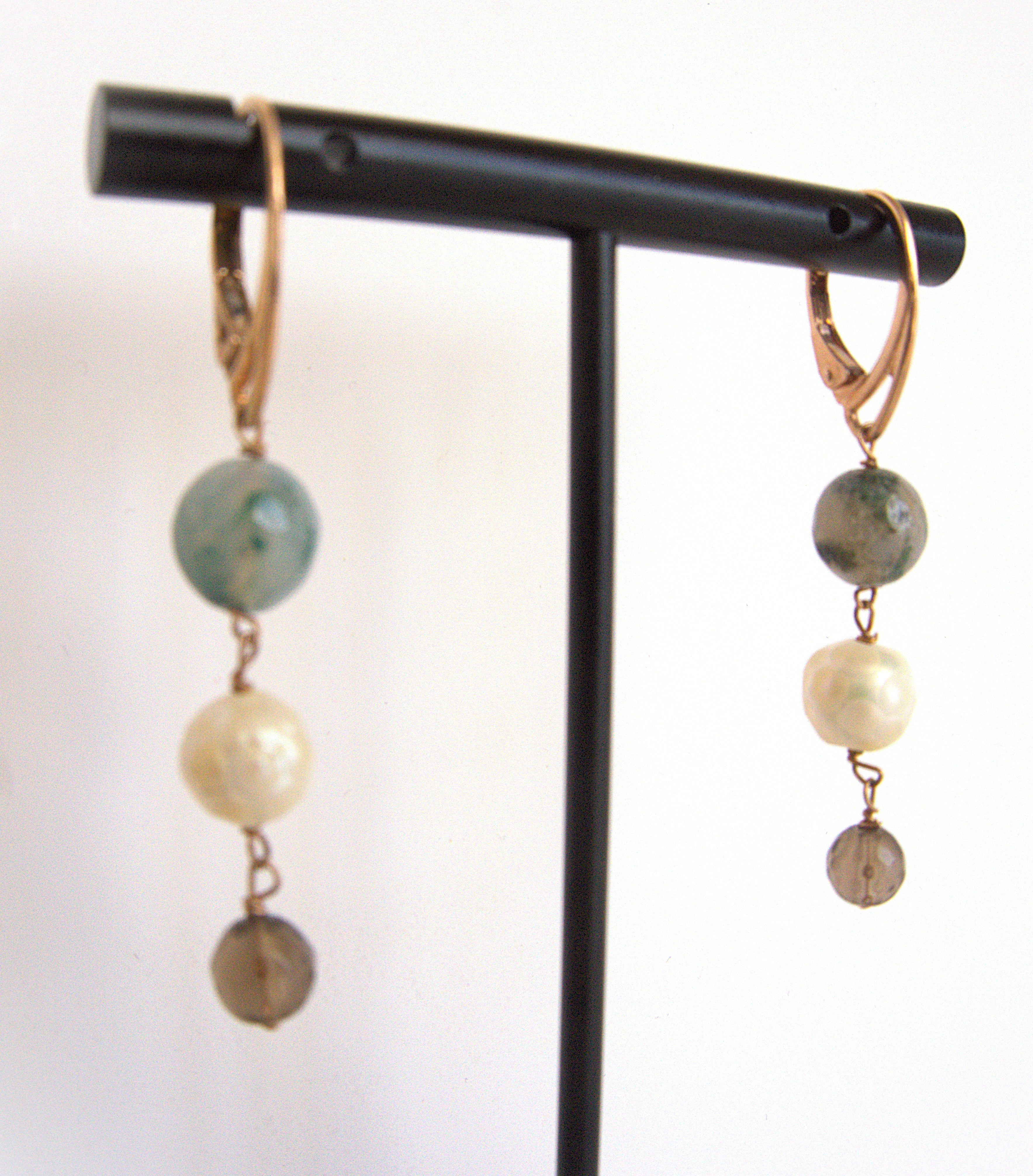 Orecchini rosario - avventurina, perla di fiume e quarzo fumè