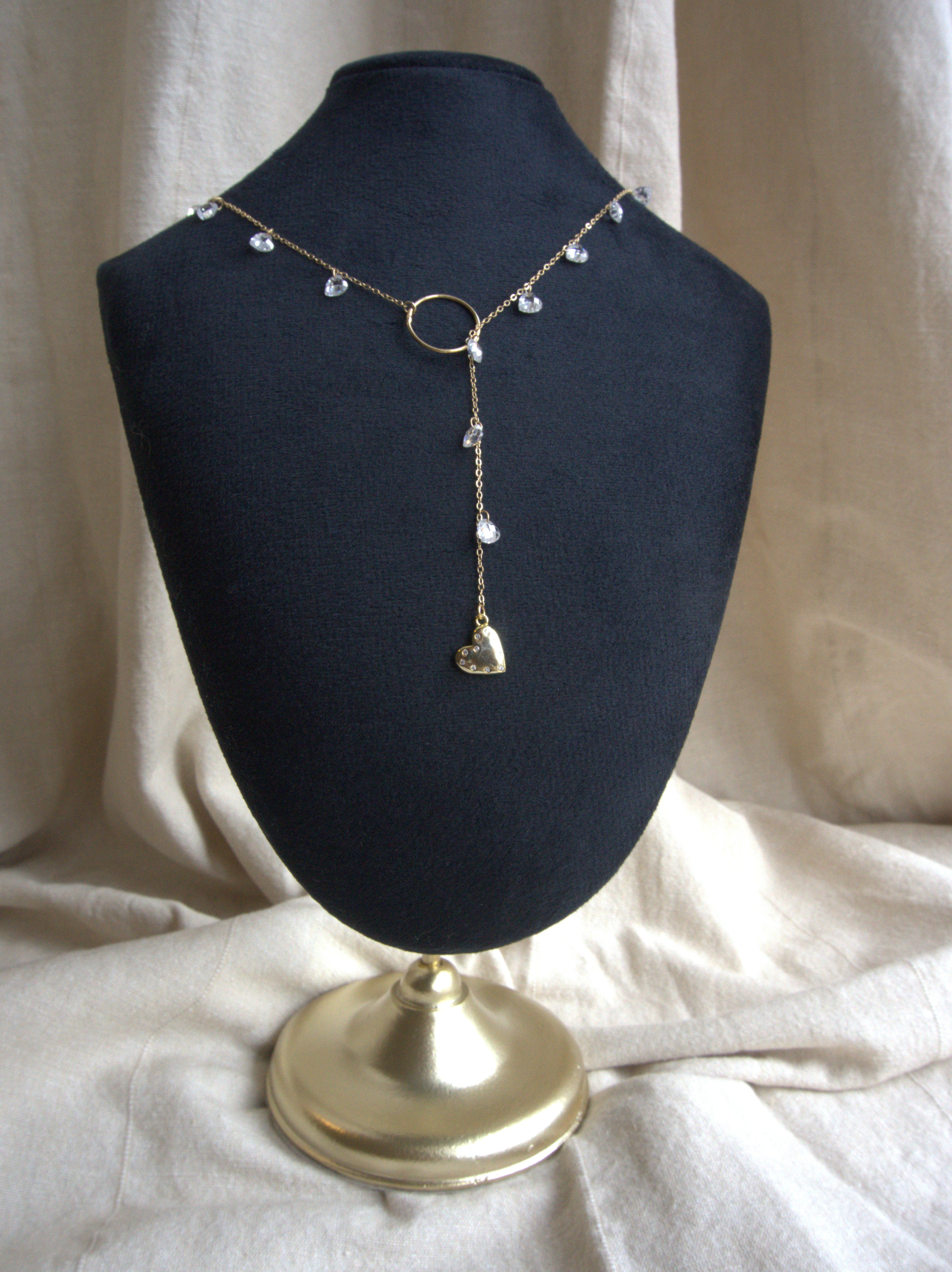 Collana lunga Ciondolini con cuori di zirconi trasparenti - oro giallo