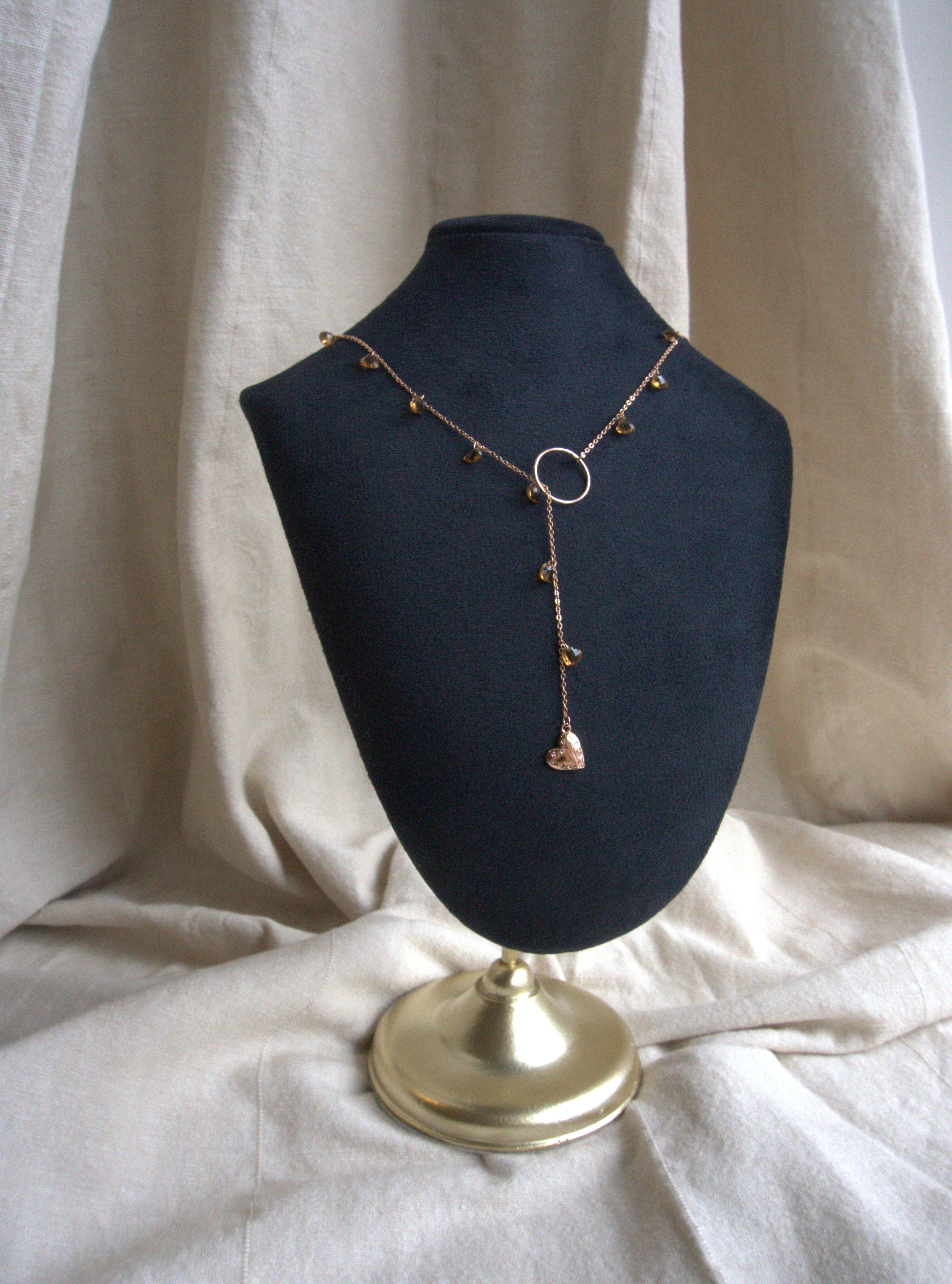 Collana lunga Ciondolini con cuori di zirconi marroni - oro rosa