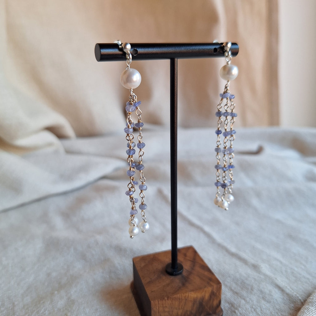 Orecchini Rosario Acquamarina e Perla Bianca - argento bianco