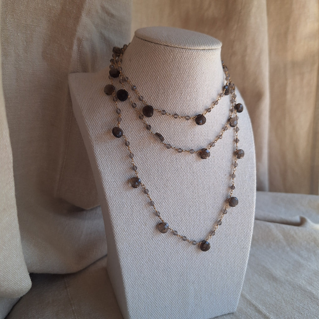 Collana Rosario lunga con pietre a goccia - Quarzo Fumè
