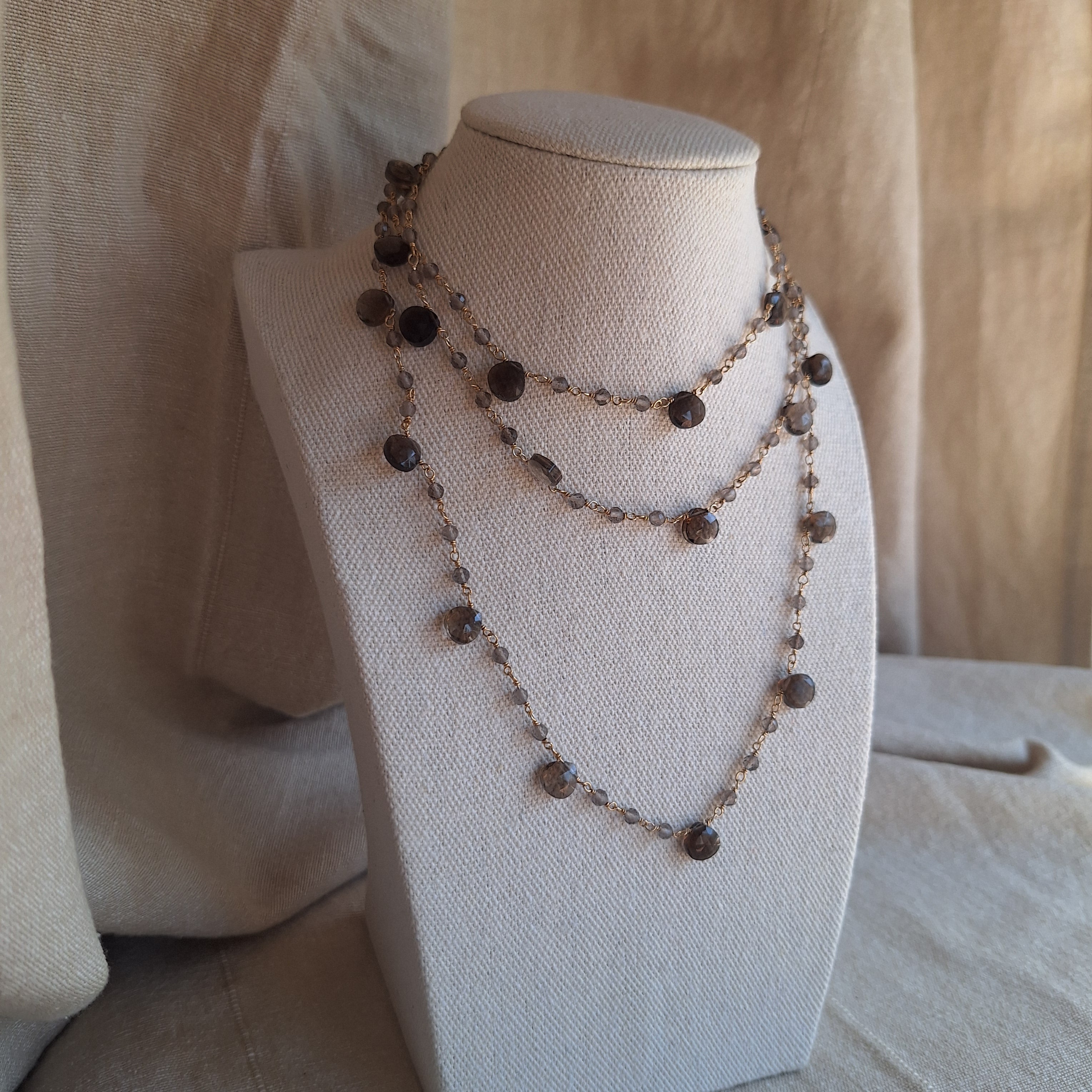Collana Rosario lunga con pietre a goccia - Quarzo Fumè