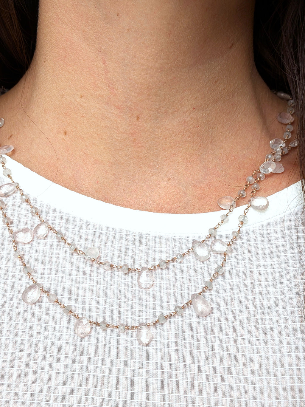 Collana Rosario lunga con pietre a goccia - quarzo rosa
